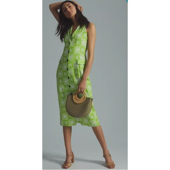 Anthropologie The Odells Button-Front Lime Green & White Midi‎ Dress Size 12 - Picture 1 of 13